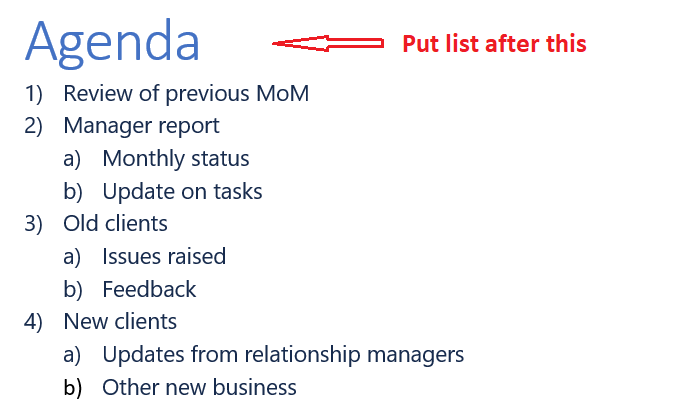 Agenda multilevel list