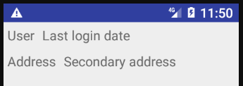 A screenshot of an Android application showing 'User', 'Last login date', 'Address', and 'Secondary address'