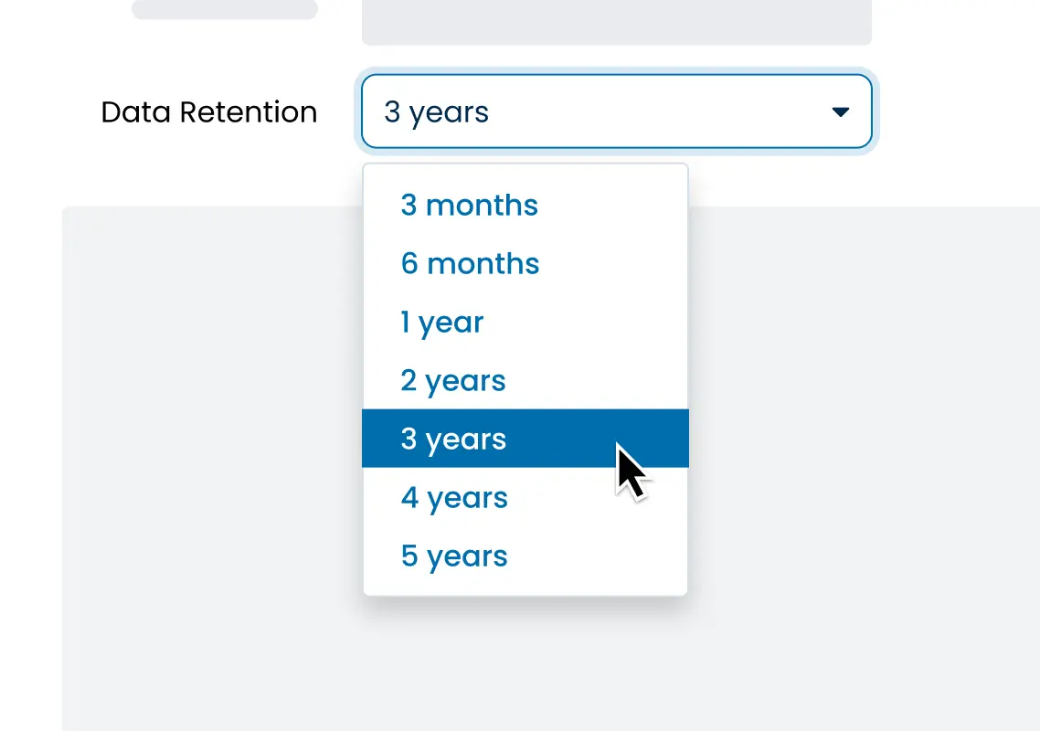 Data retention selector with multiple options from 3 months to 5 years. A cursor, black arrow, hovers on the 3 years option and it is highlighted.