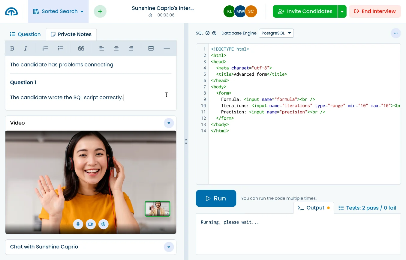 Screenshot of the code interview environment.