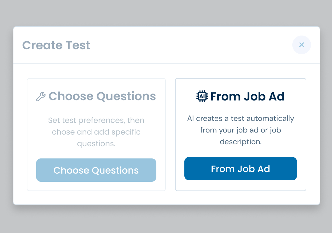 Illustration of the option to create test "From Job Ad" using AI.
