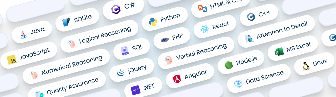 Badges showing technologies available like Java, SQLite,
          C#, JavaScript, Python, HTML, CSS, SQL, PHP, React, and more.