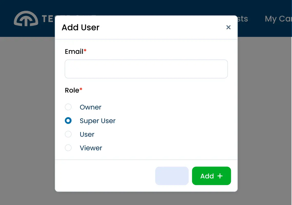 Add user modal with email and role fields. The modal footer has a green add button.