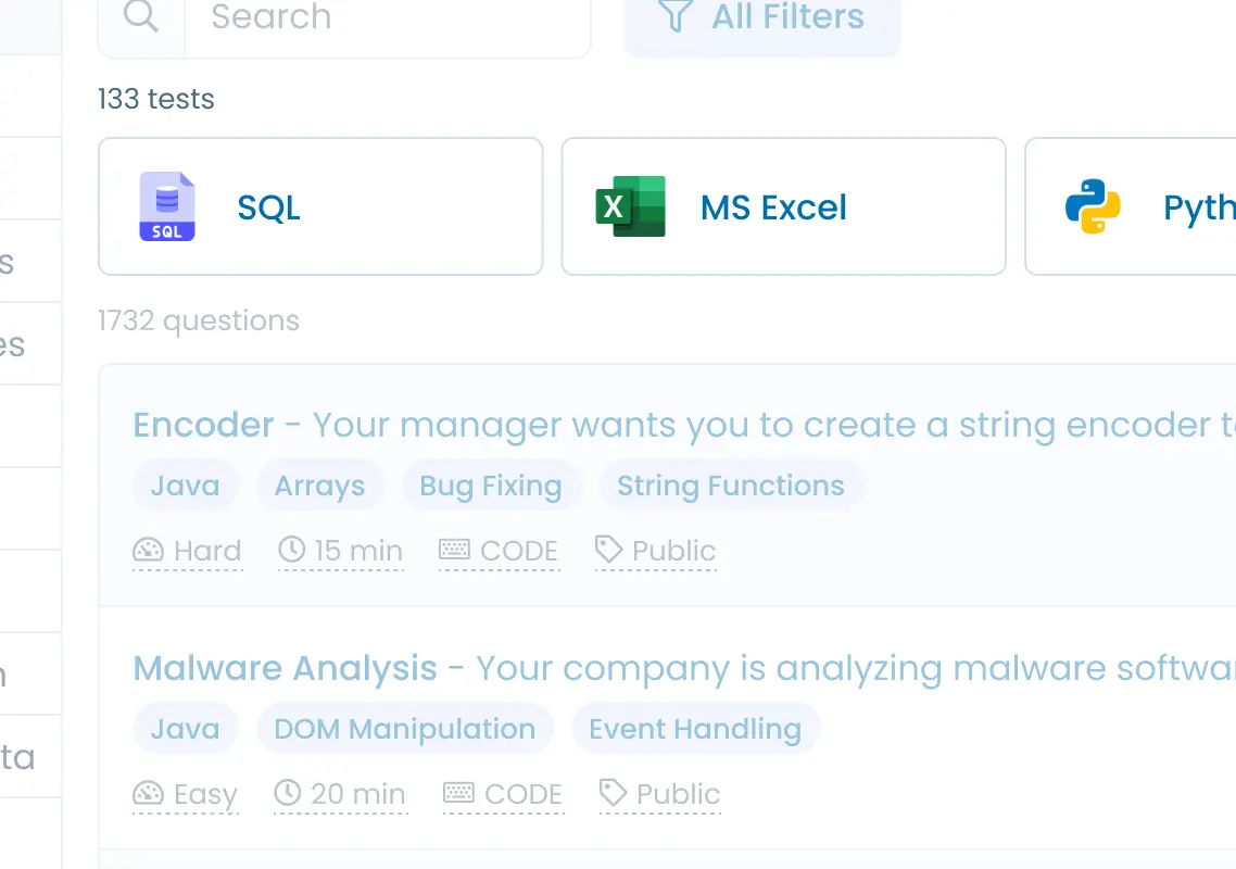 Illustration of the pre-made tests for 130+ skills, highlighting SQL, Excel, and Python.