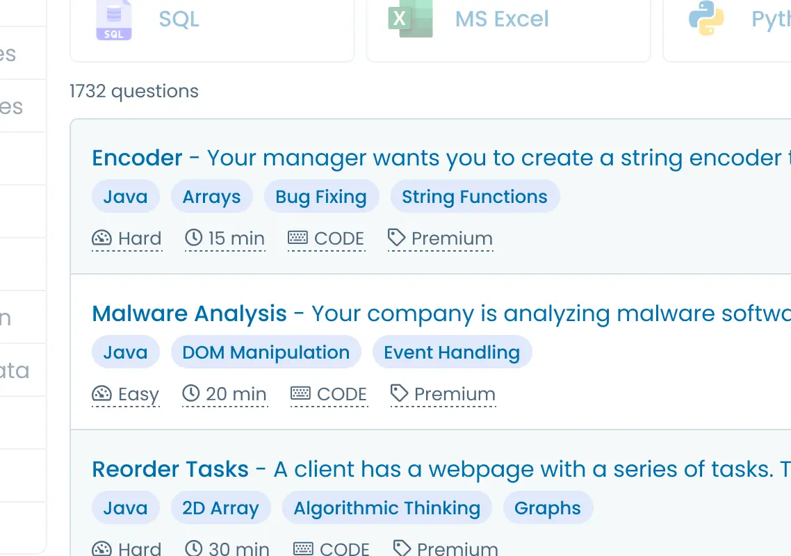 Illustration of the 1500+ premium questions, highlighting three Java questions.