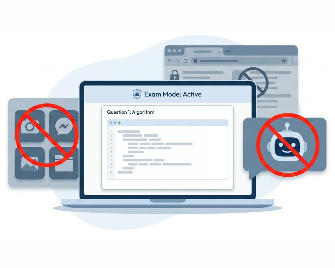 Illustration of Safe Exam Browser locking down a candidate's screen.