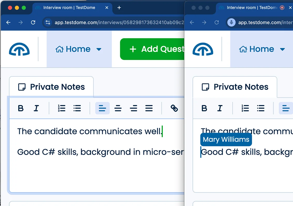 Illustration of live collaboration on private notes by two interviewers.