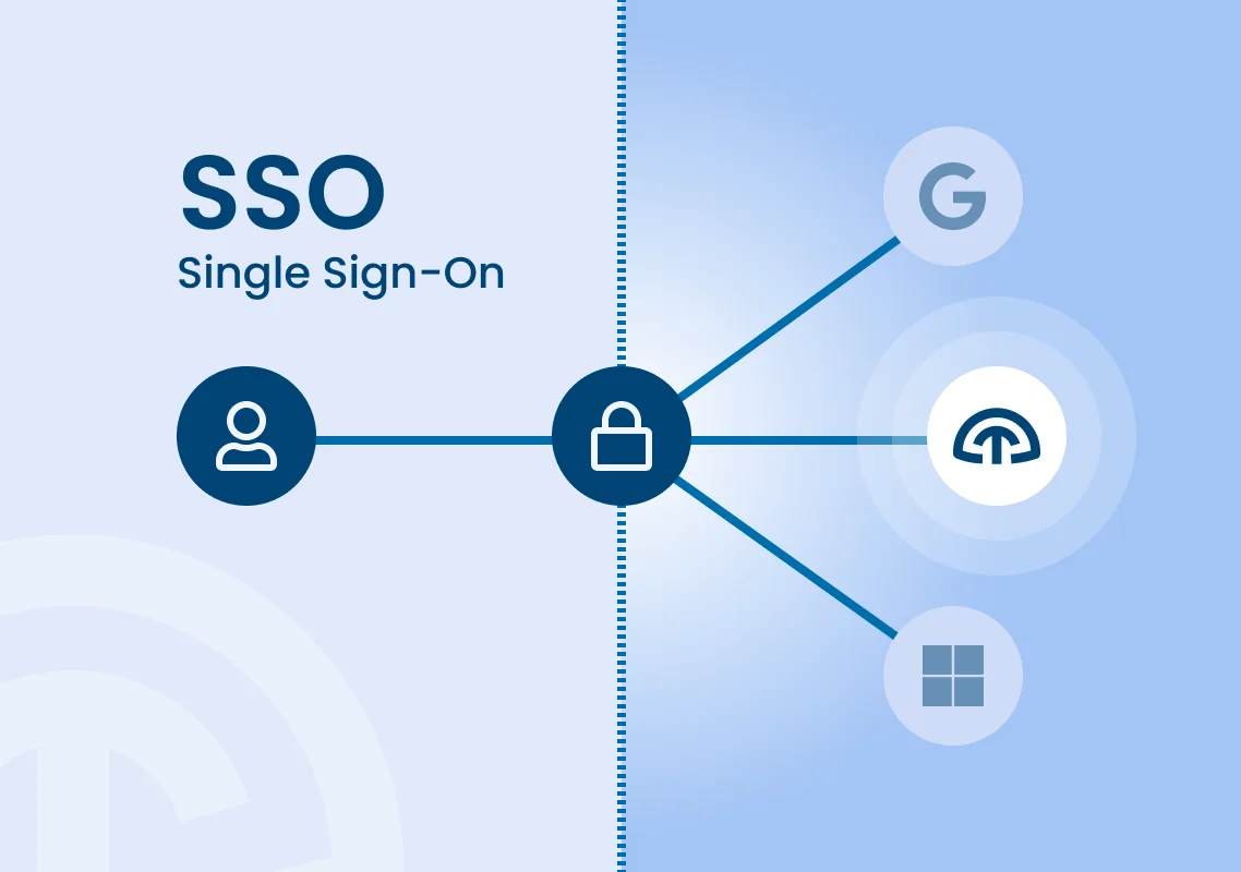 User icon connected to a padlock icon, meant to represent the password, which is then connected to multiple services that need authentication. There is a vertical stroked line from top to bottom separating the user from the services with the padlock being the only bridge. The illustrations refers to Single Sign-On (SSO).