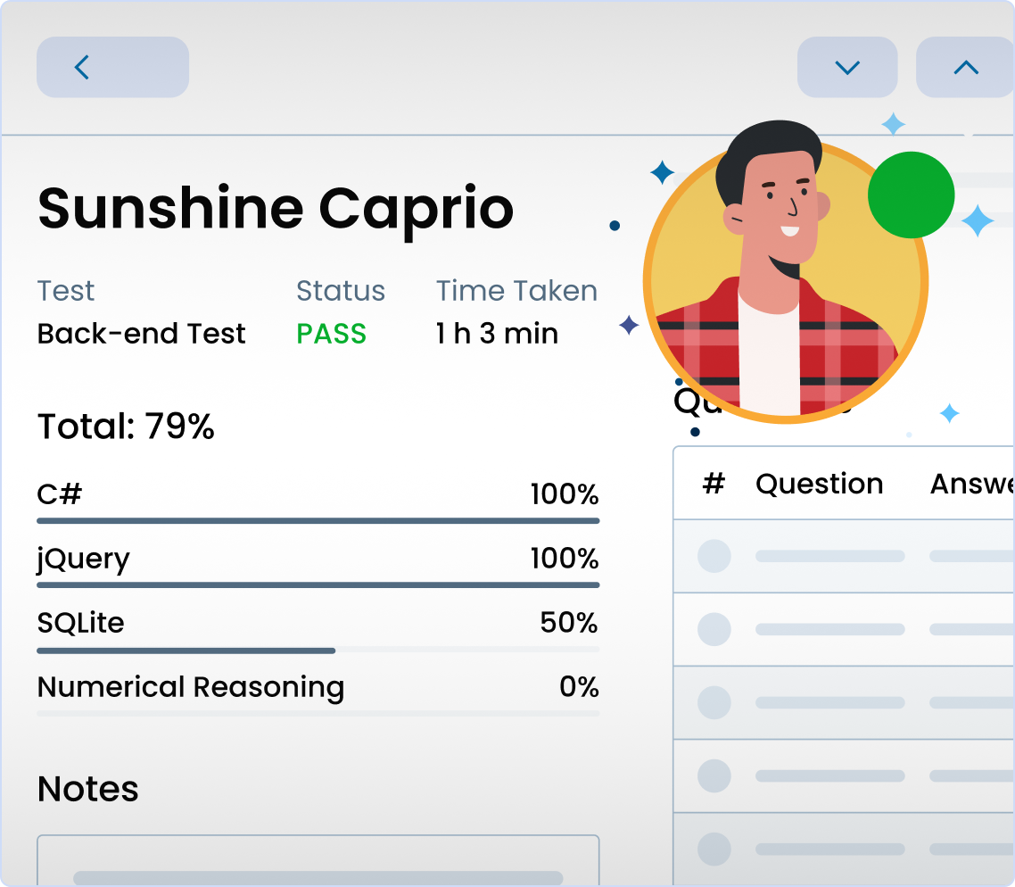 Illustration of the score breakdown by skill in the screening candidate report.