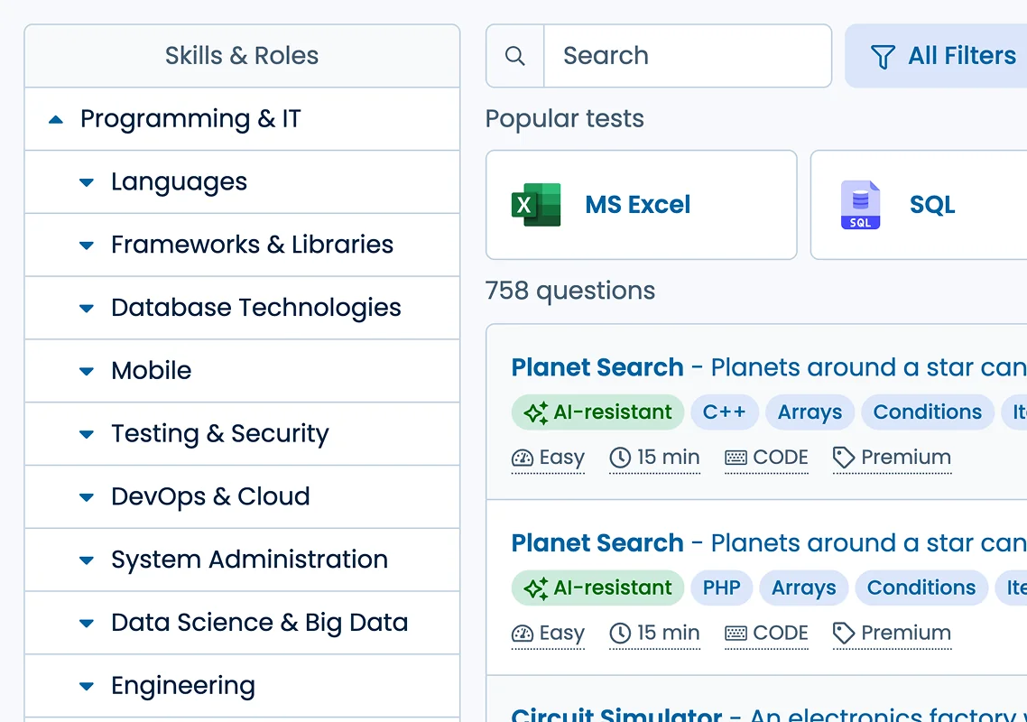 Illustration of "Premium" questions and pre-made tests from the library page.